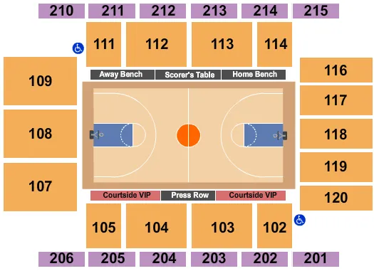 Basketball Seating Chart at Rose Hill Gymnasium At Fordham University. The chart shows the main floor/stage with seating options surrounding it, which are color coded